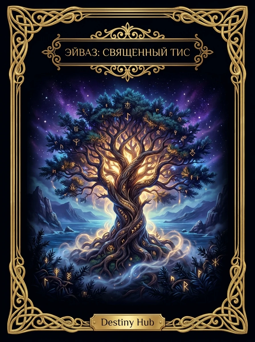 Руна Эйваз (Eihwaz) — Тис, Мировое Древо Иггдрасиль, Стержень — эзотерическая карточка 3:4